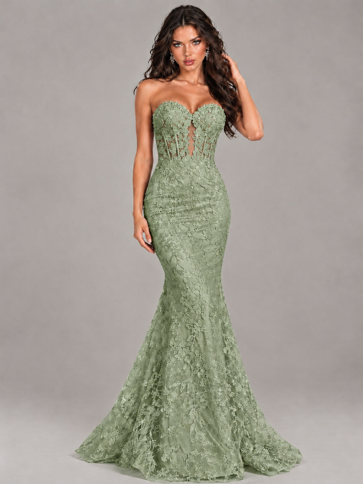 Strapless Corset Mermaid Prom Dress Lace Appliqué Formal Gown