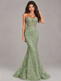 Strapless Corset Mermaid Prom Dress Lace Appliqué Formal Gown