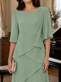 Asymmetric Draped Chiffon Mother of the Bride Dress with Flutter Sleeves