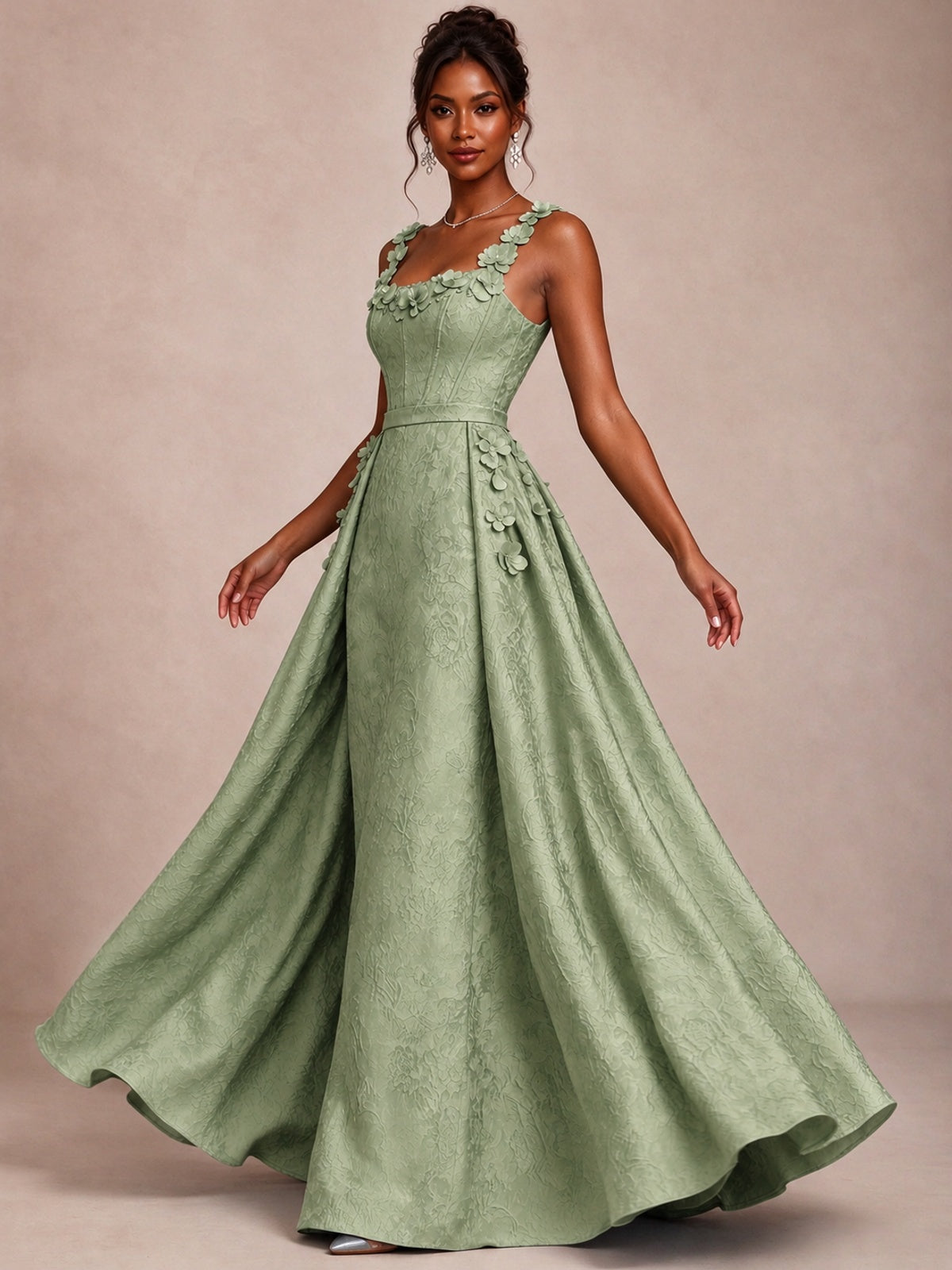 Light Blue 3D Floral Jacquard Prom Dress with Detachable Overskirt Corset Gown