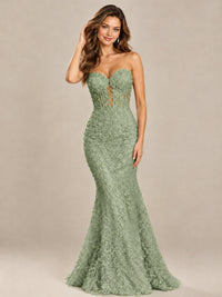 Strapless Corset Mermaid Prom Dress with Floral Lace Appliqué