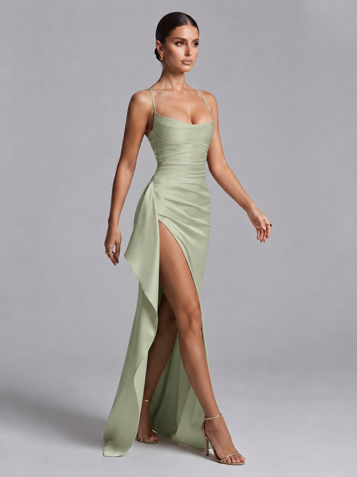Square Neck Satin Long Prom Dress with Ruffles