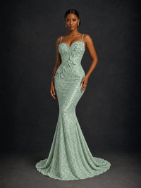 Sequin Mermaid Prom Dress with Floral Applique