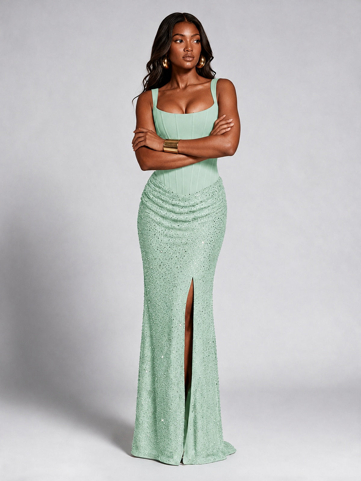 Sequin Corset Mermaid Prom Dress with Square Neck Wide Strap High Slit