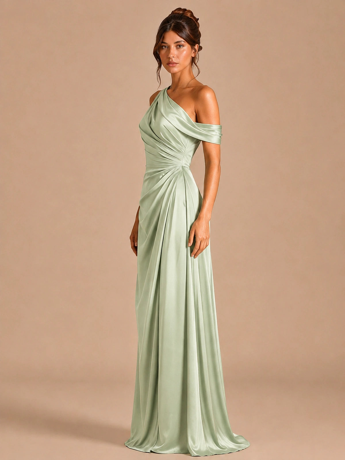Satin One Shoulder Prom Dress Ruched Long Formal Evening Gown