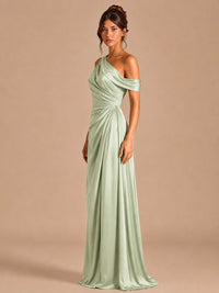 Satin One Shoulder Prom Dress Ruched Long Formal Evening Gown