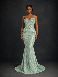 Sequin Mermaid Prom Dress with Floral Applique