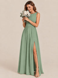 A-line Sleeveless Rucehd Chiffon Bridesmaid Dress with High Slit