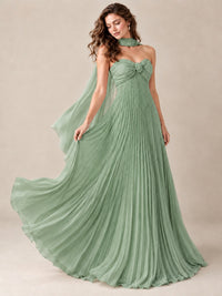 Sweetheart Neckline Pleated Prom Dress Strapless A-line Formal Dress with Flowy Scarf
