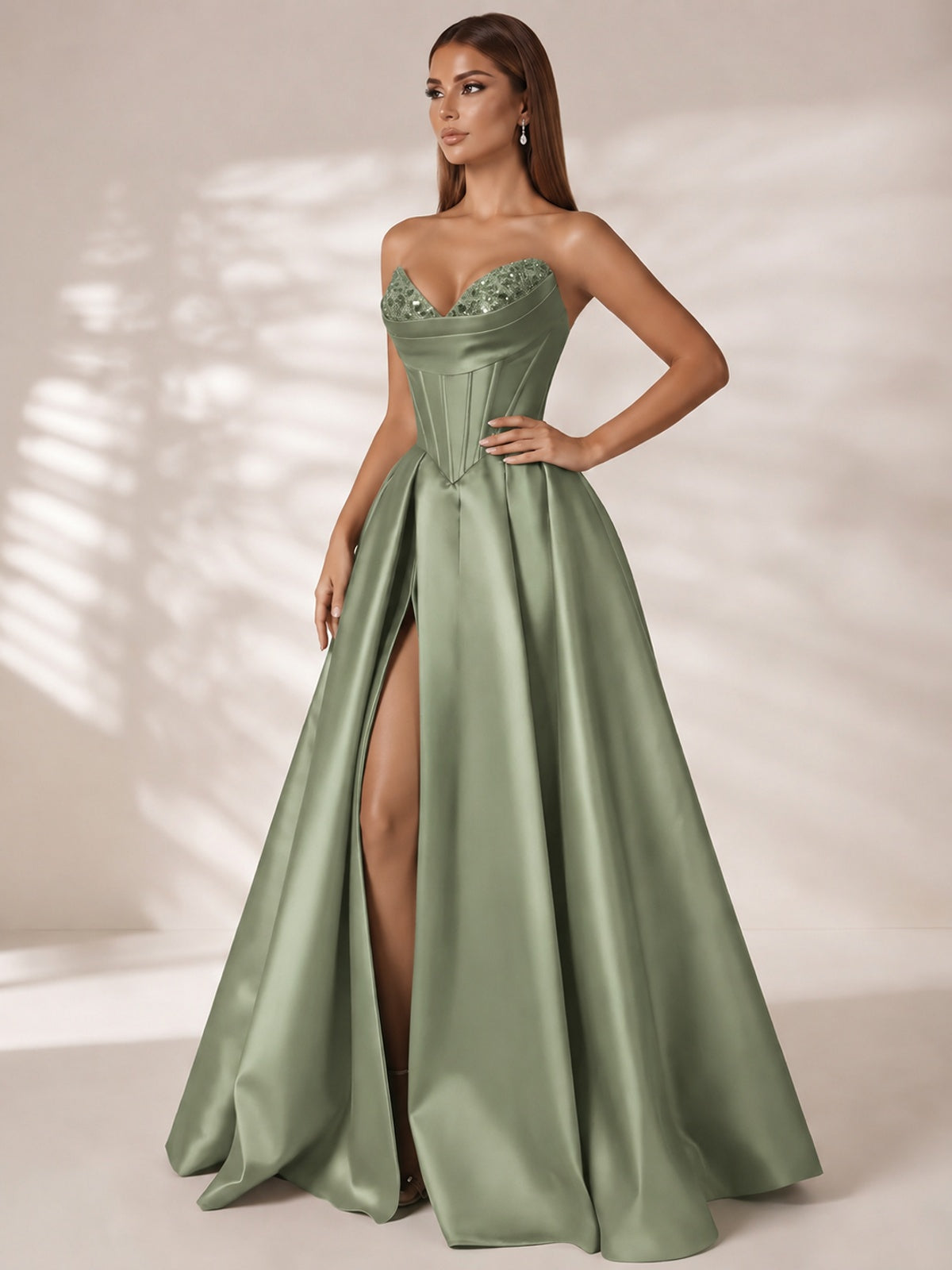 Strapless Corset Satin Prom Dress Long Evening Gown with High Slit