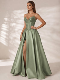 Strapless Corset Satin Prom Dress Long Evening Gown with High Slit