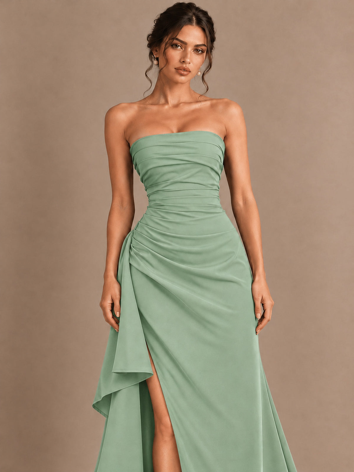 Black and White Strapless Ruched Prom Dress with High Slit & Side Drape