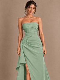Black and White Strapless Ruched Prom Dress with High Slit & Side Drape