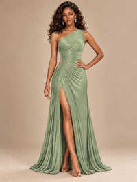 Burgundy One Shoulder Ruched Prom Dress with High Slit & Beaded Waist