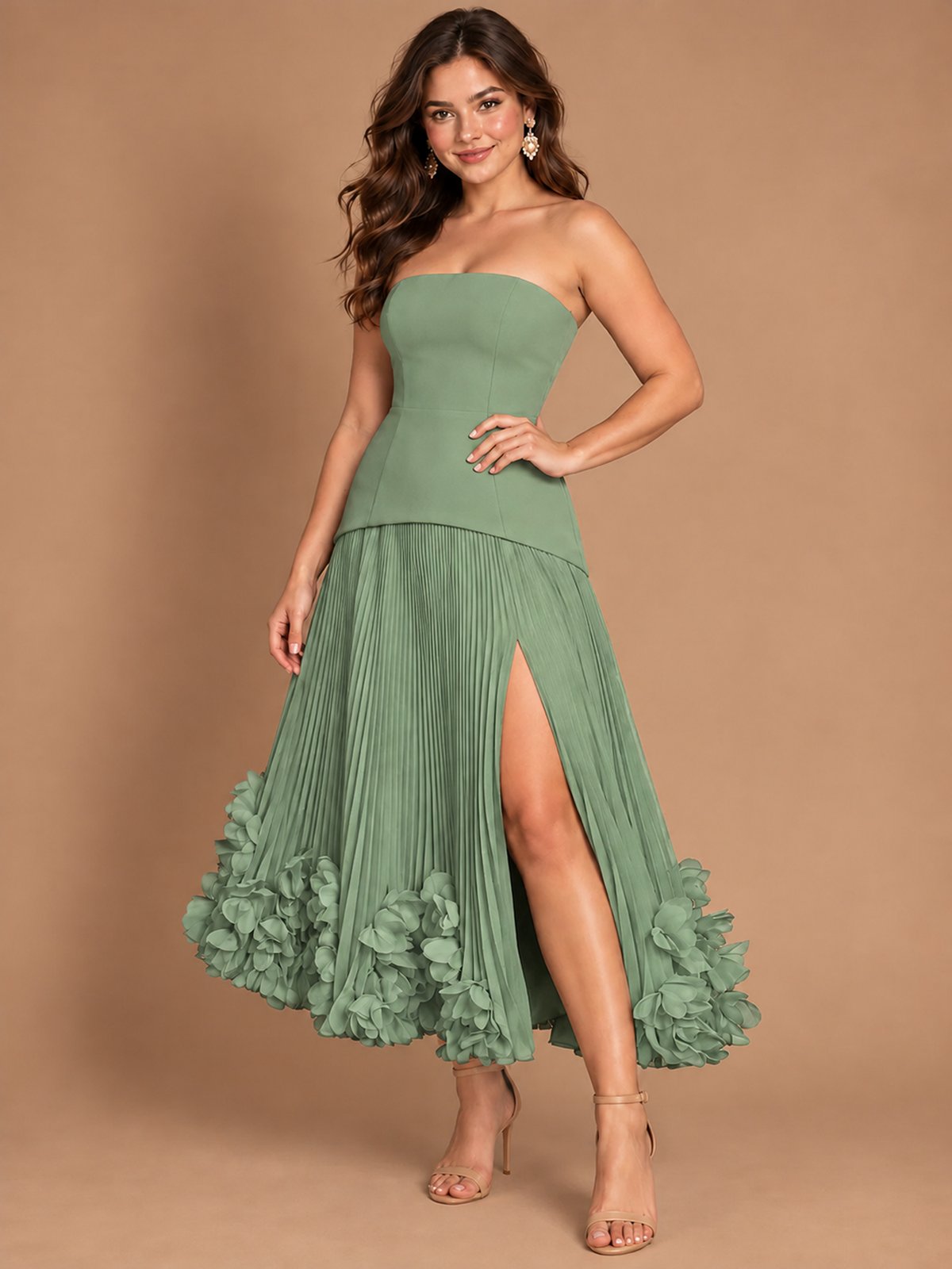 Navy Blue Strapless Pleated A-Line Midi Dress with 3D Floral Applique