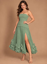 Navy Blue Strapless Pleated A-Line Midi Dress with 3D Floral Applique