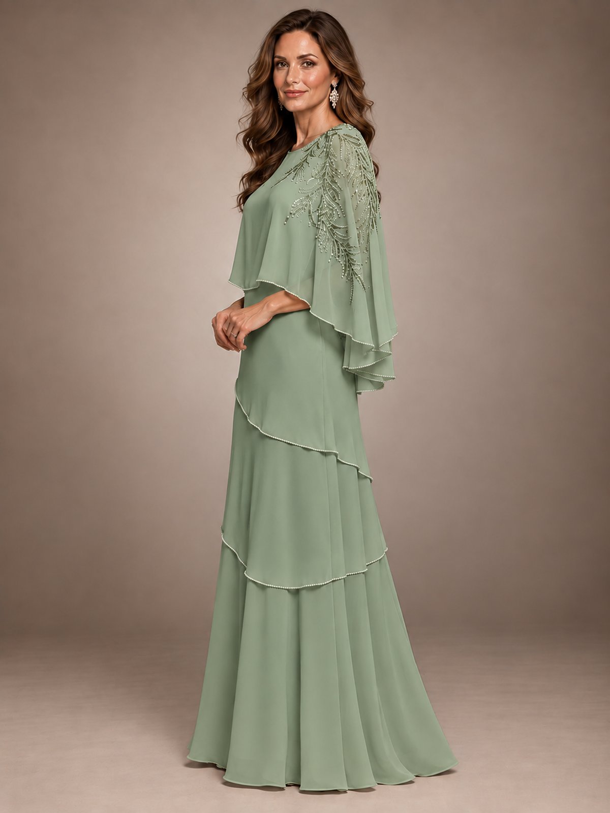 Elegant Chiffon Cape Sleeve Beaded Mother of the Bride Dress