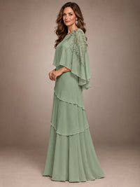 Elegant Chiffon Cape Sleeve Beaded Mother of the Bride Dress