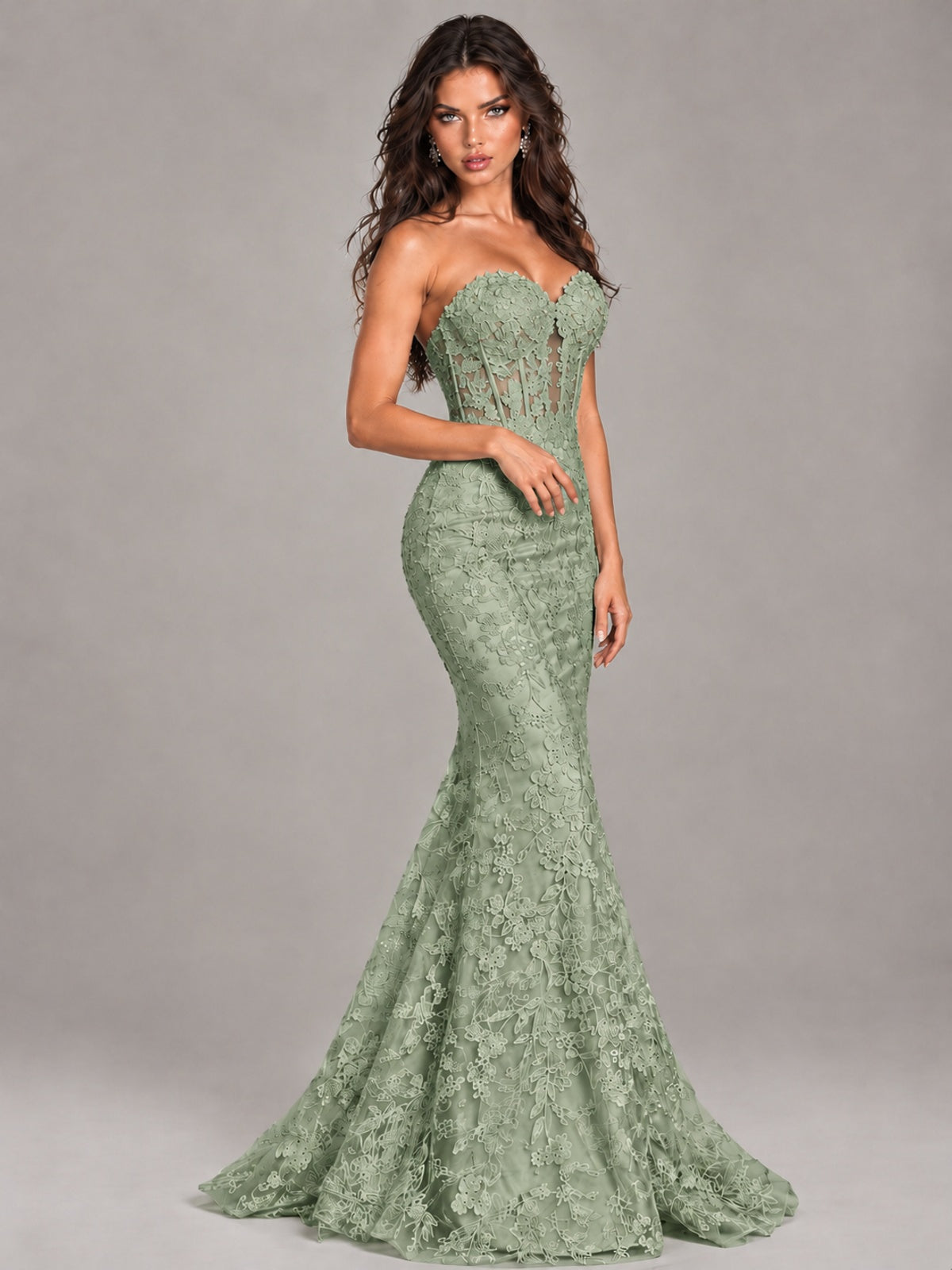 Strapless Corset Mermaid Prom Dress Lace Appliqué Formal Gown