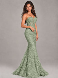 Strapless Corset Mermaid Prom Dress Lace Appliqué Formal Gown