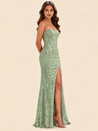 Sequin Lace Appliques Mermaid Prom Dress Spaghetti Strap Formal Gowns with Slit