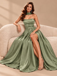 Strapless Prom Dress Side High Slit A-line Formal Dress with Scarf