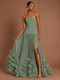 Strapless Pleated Floral Satin Formal Dress with Side Slit