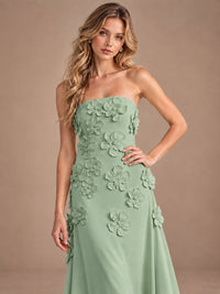 Yellow Strapless A-line Satin Maxi Dress with 3D Floral