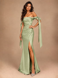 Off The Shuolder Satin Prom Dress Slit Mermaid Formal Gowns