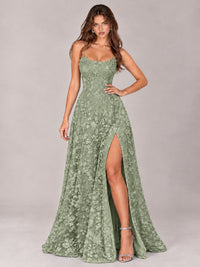 Floral Lace A-Line Prom Dress with Spaghetti Straps & High Slit