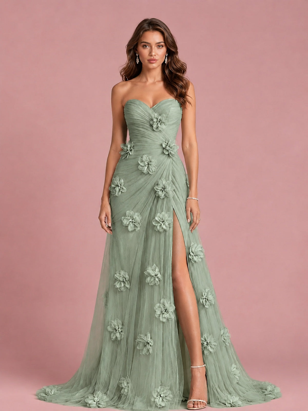 3D Floral Applique Strapless Tulle Prom Dress with High Slit