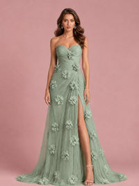 3D Floral Applique Strapless Tulle Prom Dress with High Slit