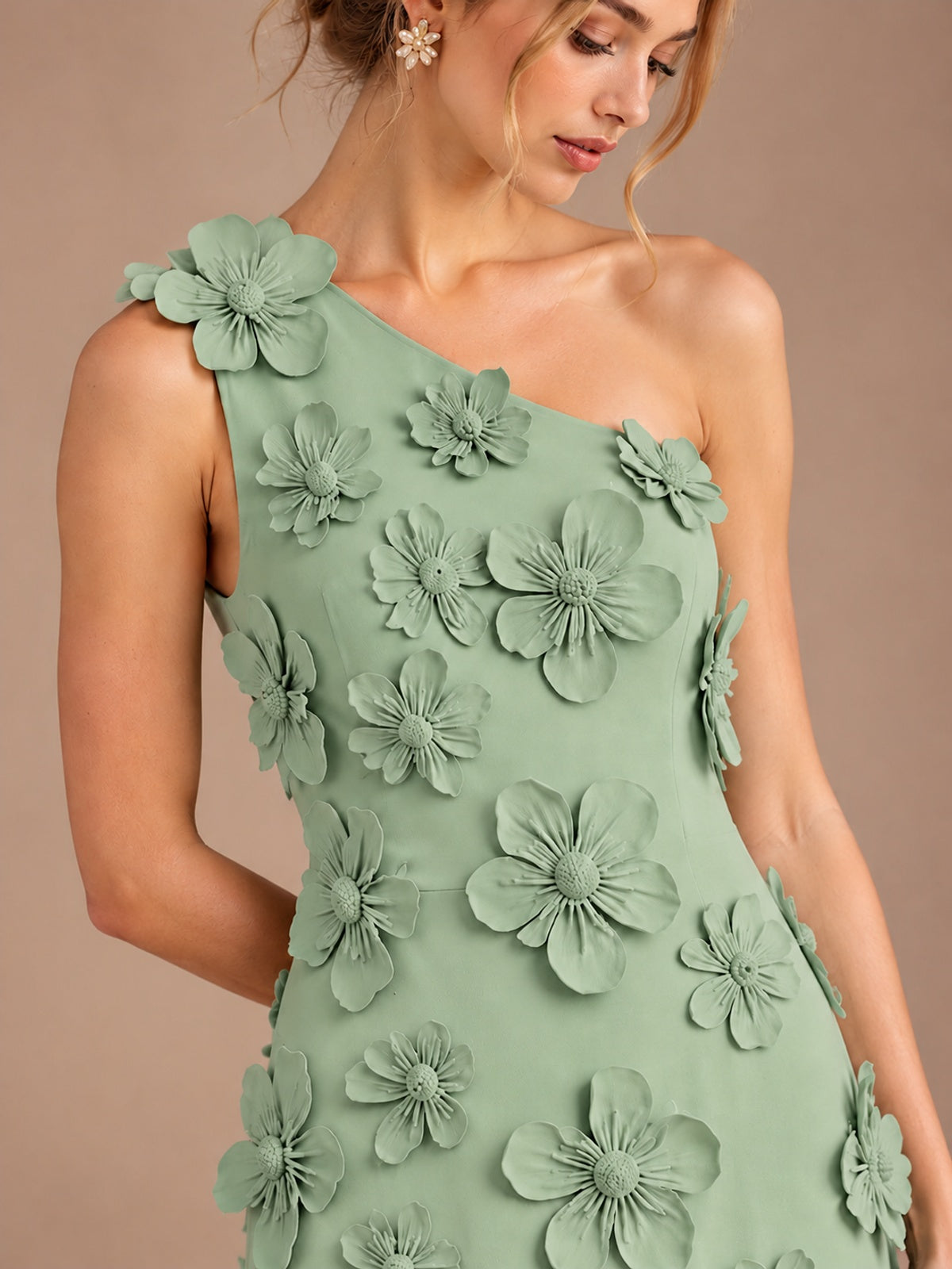 Sage Green One Shoulder Satin Formal Maxi Dress with 3D Floral