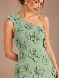 Sage Green One Shoulder Satin Formal Maxi Dress with 3D Floral