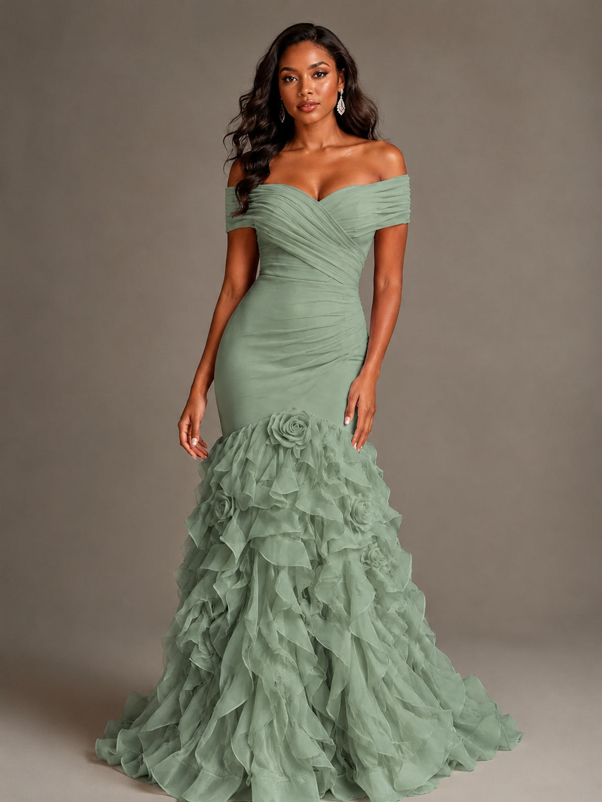 Pink Off-the-Shoulder Mermaid Prom Dress with Ruffles 3D Flowers