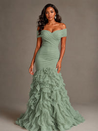 Pink Off-the-Shoulder Mermaid Prom Dress with Ruffles 3D Flowers
