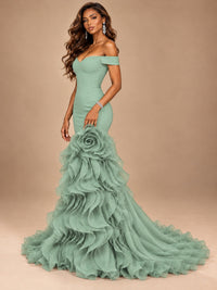 Dusty Blue Off-the-Shoulder Mermaid Prom Dress with 3D Rose & Ruffles