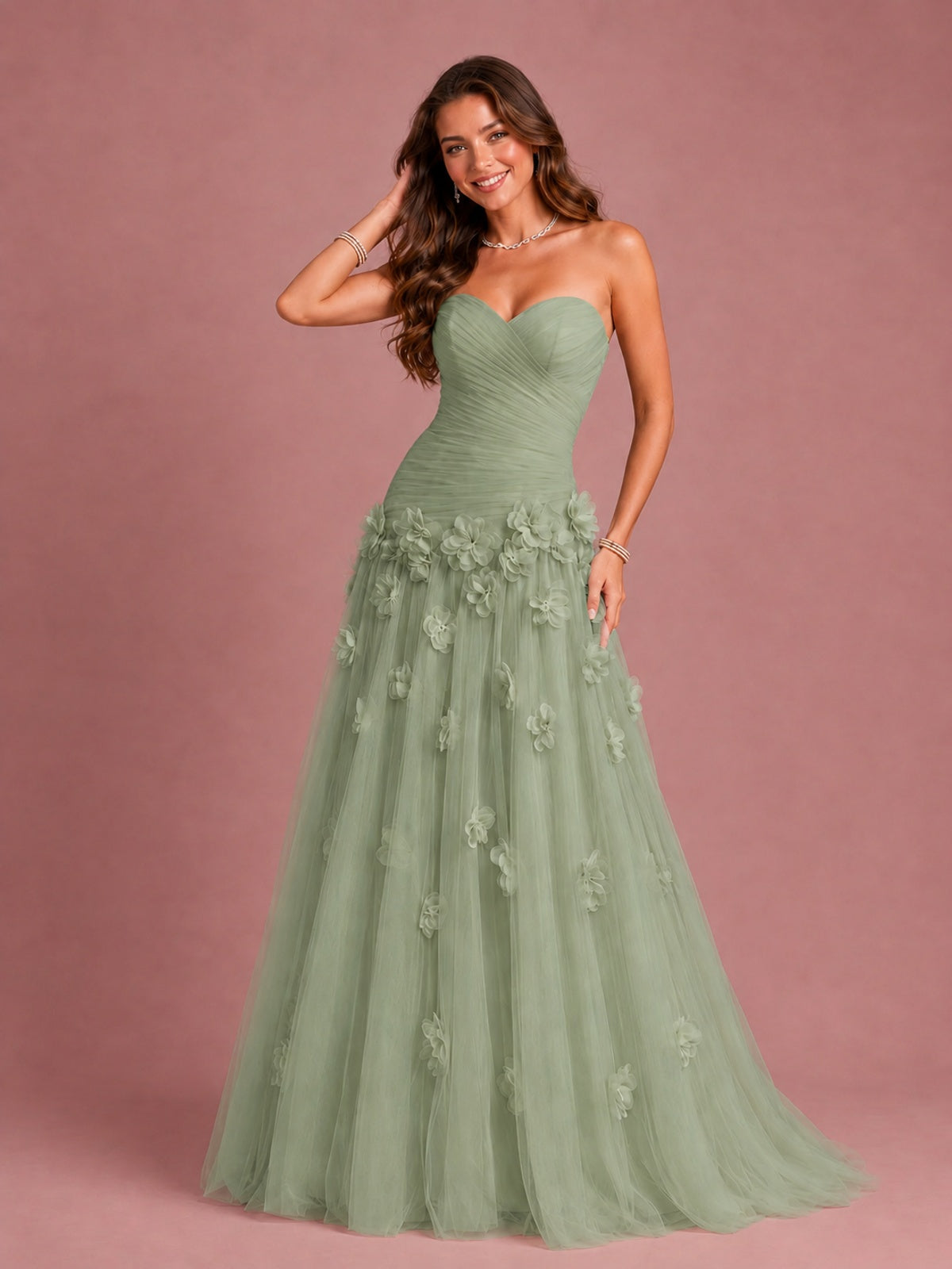 Blush Pink Strapless Sweetheart 3D Floral Tulle Ball Gown Prom Dres