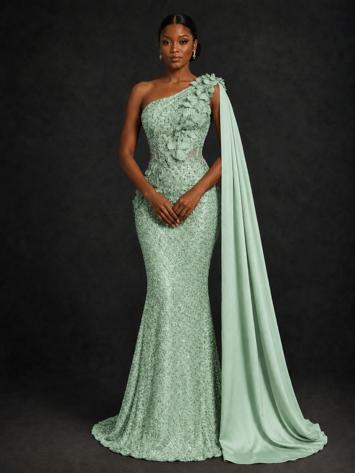 Gold Sequin One Shoulder Mermaid Prom Dress with Cape