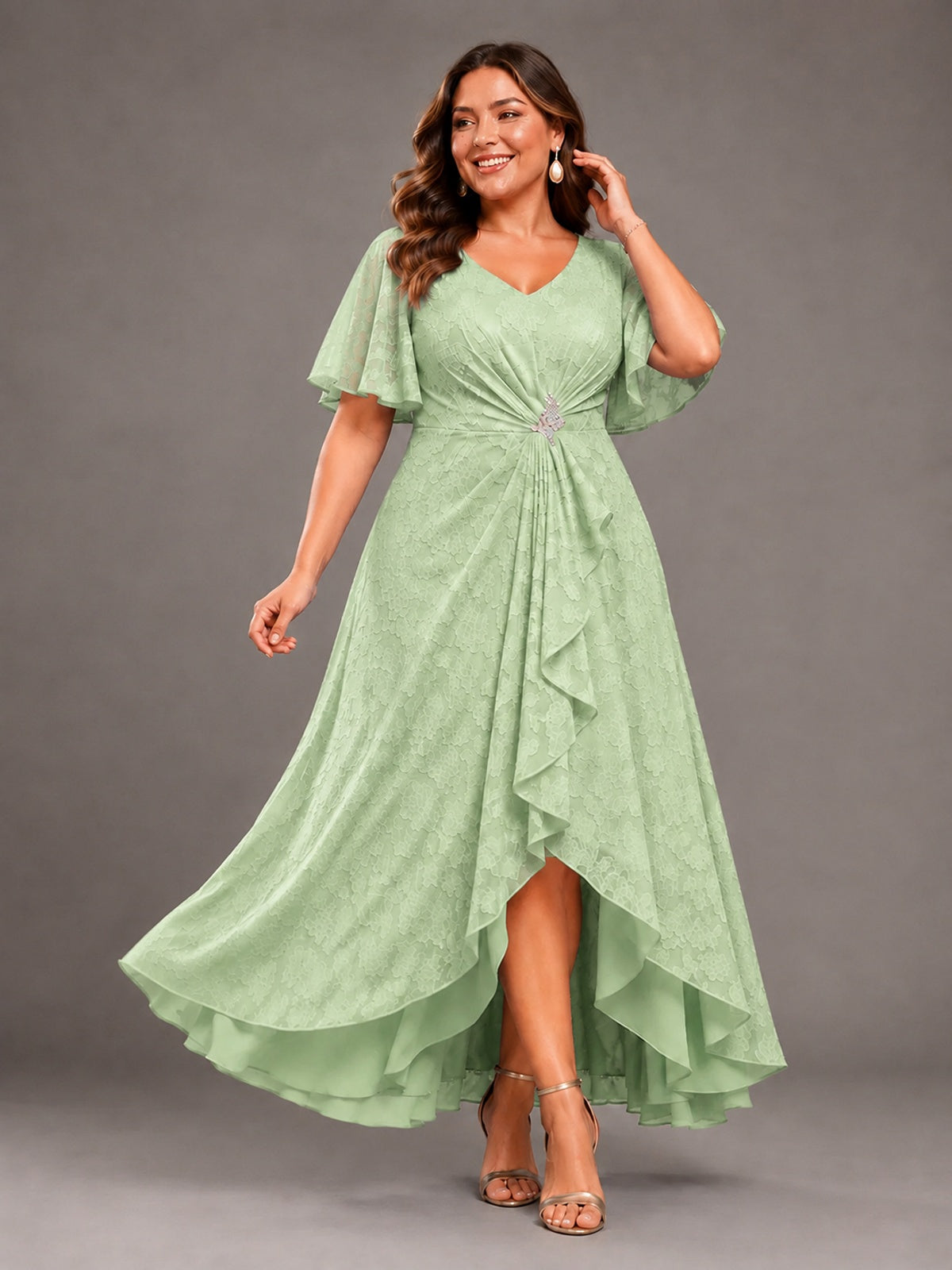 Jacquard Chiffon A-Line V-Neck High-Low Mother of the Bride Dress