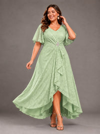 Jacquard Chiffon A-Line V-Neck High-Low Mother of the Bride Dress