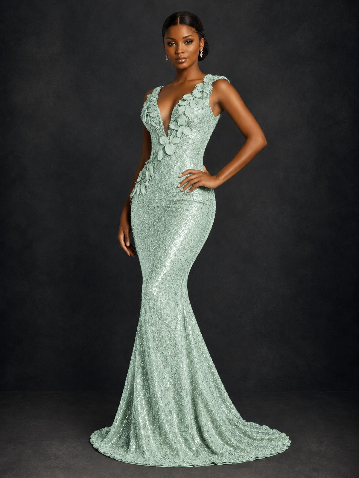 Gold Sequin Floral Applique Mermaid Prom Dress