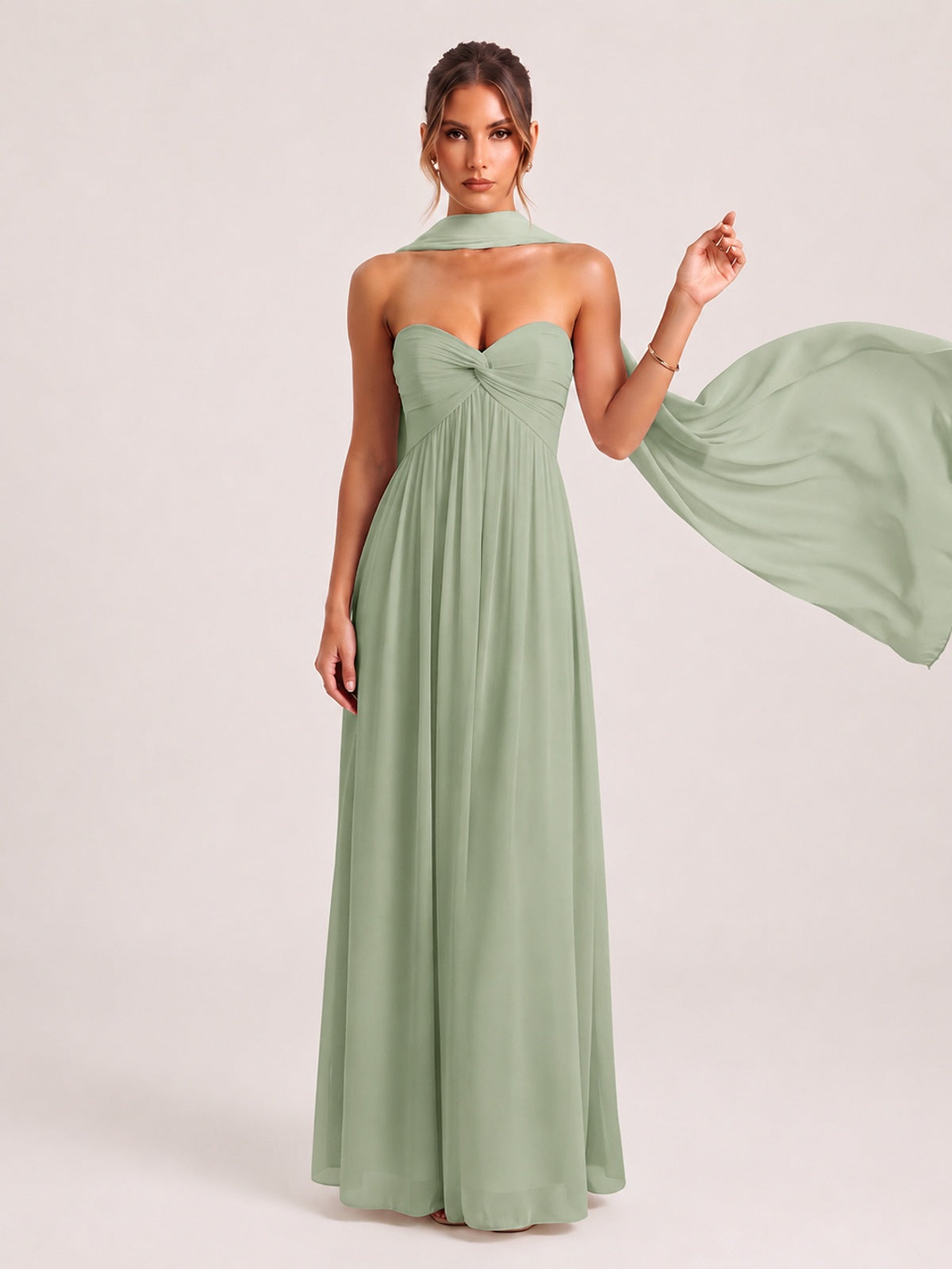 Strapless Ruched Chiffon Long Prom Dress with Scarf