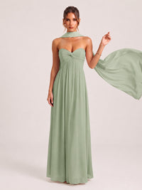 Strapless Ruched Chiffon Long Prom Dress with Scarf