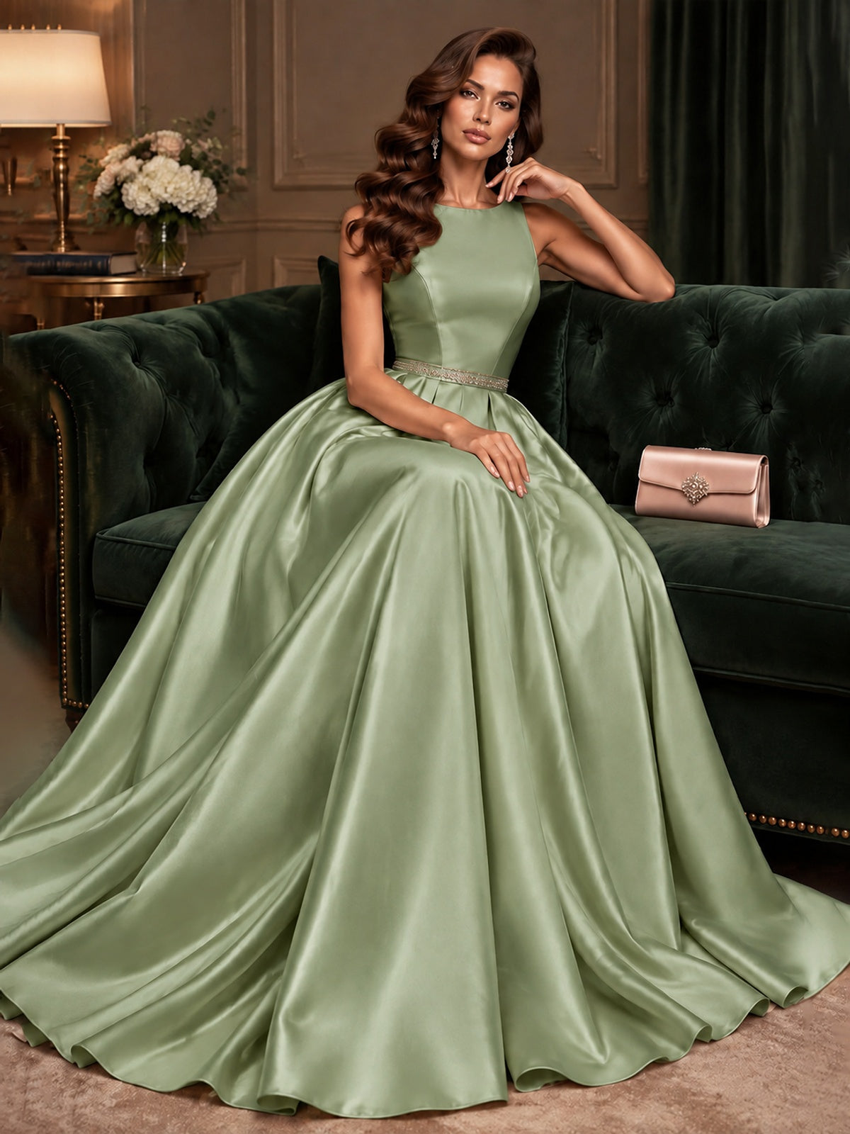 Satin A-Line Prom Dress Sleeveless Beaded Waist Formal Gown with Pockets