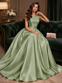 Satin A-Line Prom Dress Sleeveless Beaded Waist Formal Gown with Pockets