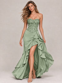 Strapless Lace Appliques Corset Satin Prom Dress Ruffle Slit Evening Gown