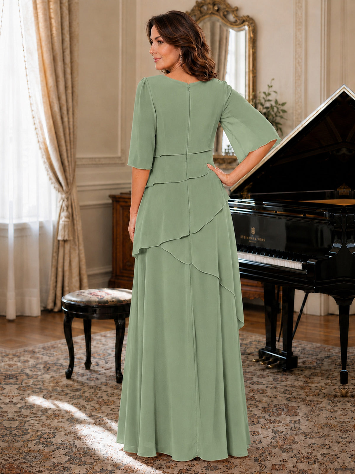 Asymmetric Draped Chiffon Mother of the Bride Dress with Flutter Sleeves