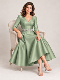 V-Neck Tea-Length Mother of the Bride Dress with Embellished Waist