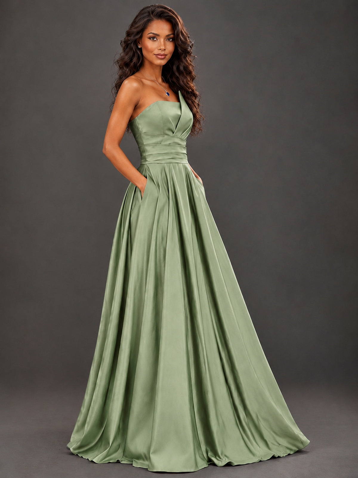 Draped Satin Prom Dress Strapless A-line Formal Dress Floor Length